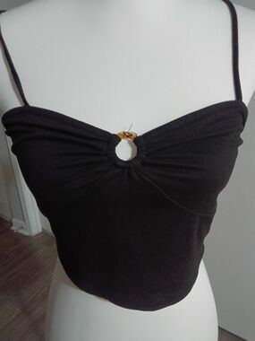 love J Black Spaghetti Strap Crop Top with Center Ring Accent